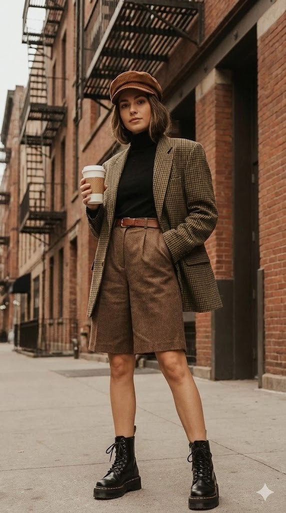 3. Áo Blazer caro form rộng & Áo cổ lọ + Quần short dạ Bermuda + Mũ Newsboy nhung tăm + Boots chiến binh