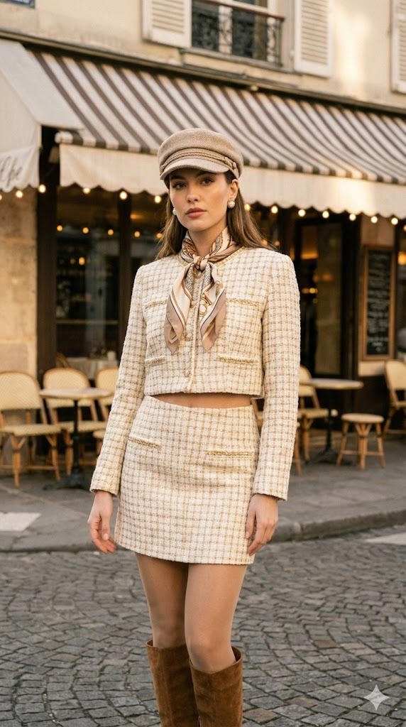 4. Áo Polo dệt kim + Chân váy nhung chữ A + Mũ Newsboy màu be + Khăn lụa & Khuyên tai ngọc trai