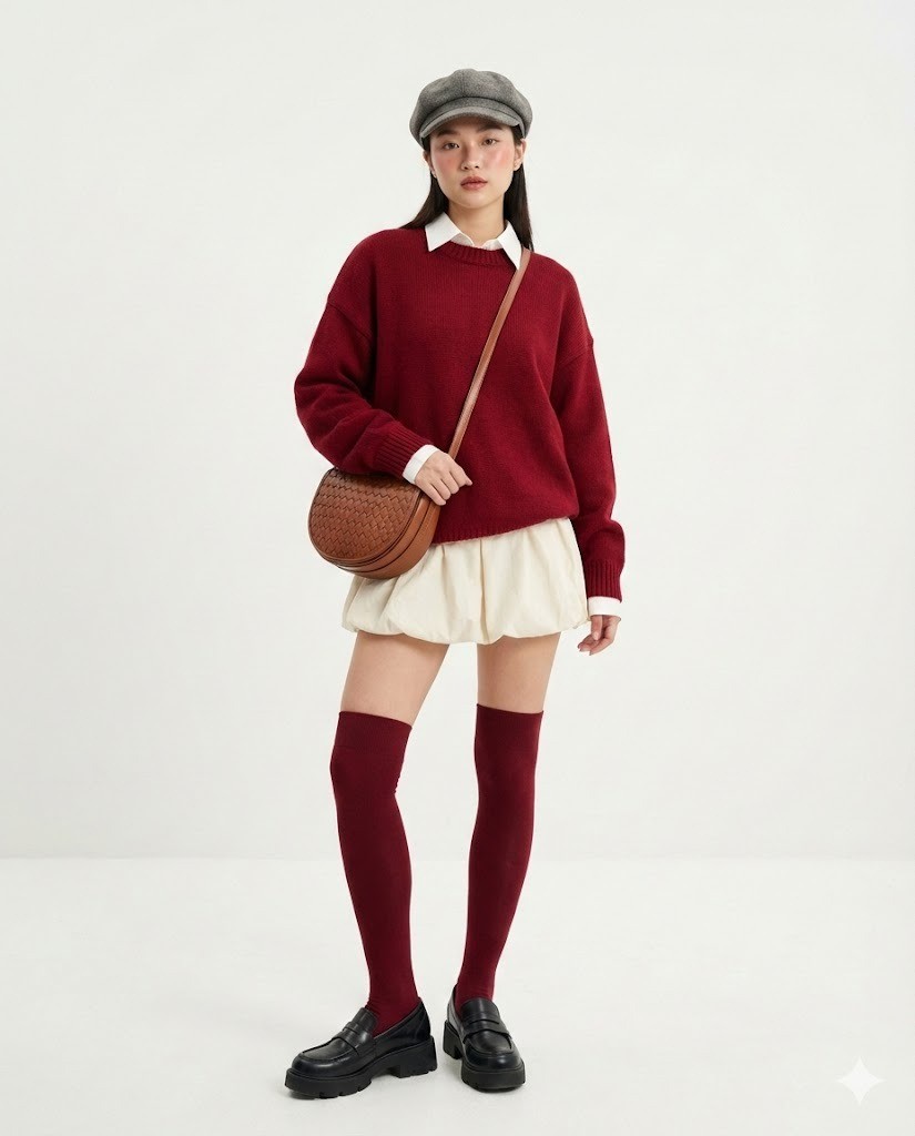 1. Áo len đỏ đô & Sơ mi trắng + Váy bí ngô + Mũ Newsboy dạ + Giày Loafers & Tất đùi