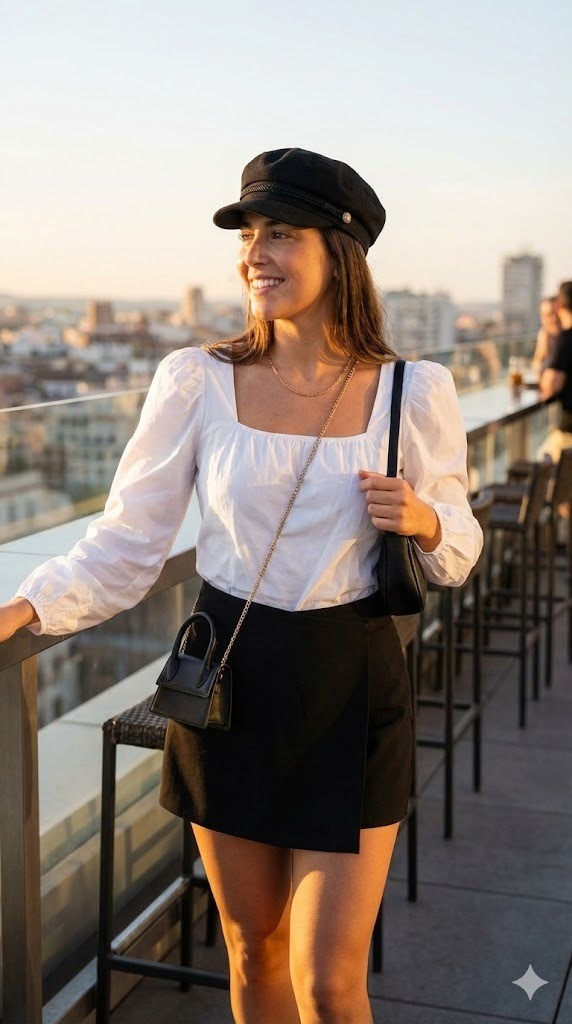 19. Áo Blouse cổ vuông + Quần giả váy + Mũ Newsboy đen + Vòng cổ mảnh & Túi mini