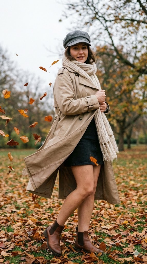 18. Áo măng tô dáng dài + Váy ngắn + Mũ Newsboy dạ xám + Khăn len to bản