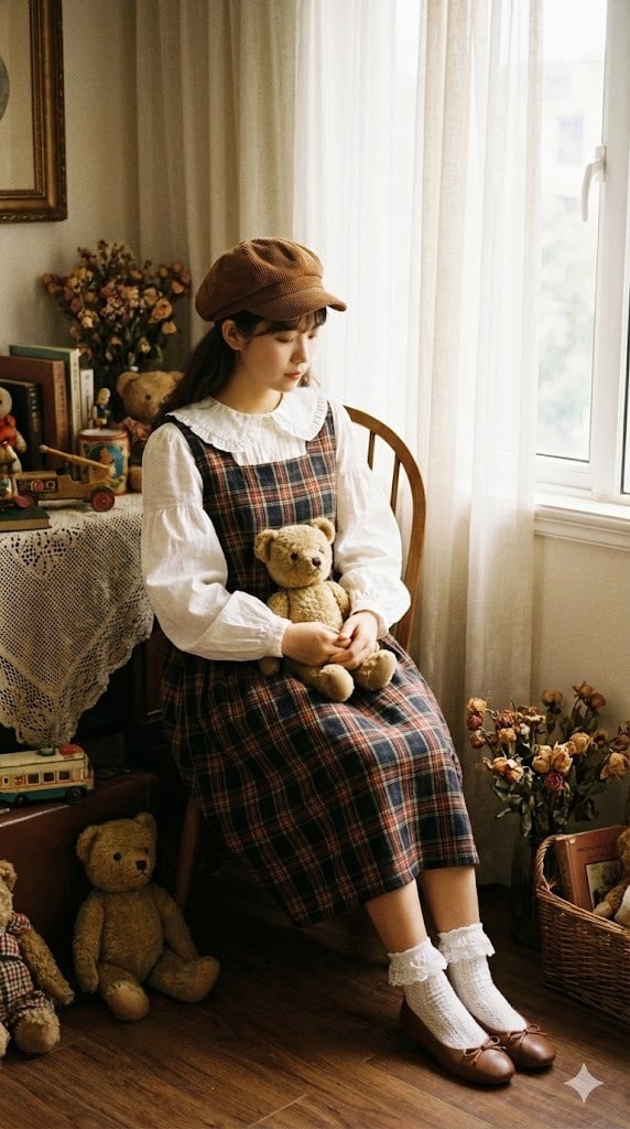 17. Áo tay bồng bèo nhún + Váy yếm hai dây + Mũ Newsboy nhung + Giày búp bê & Tất ren