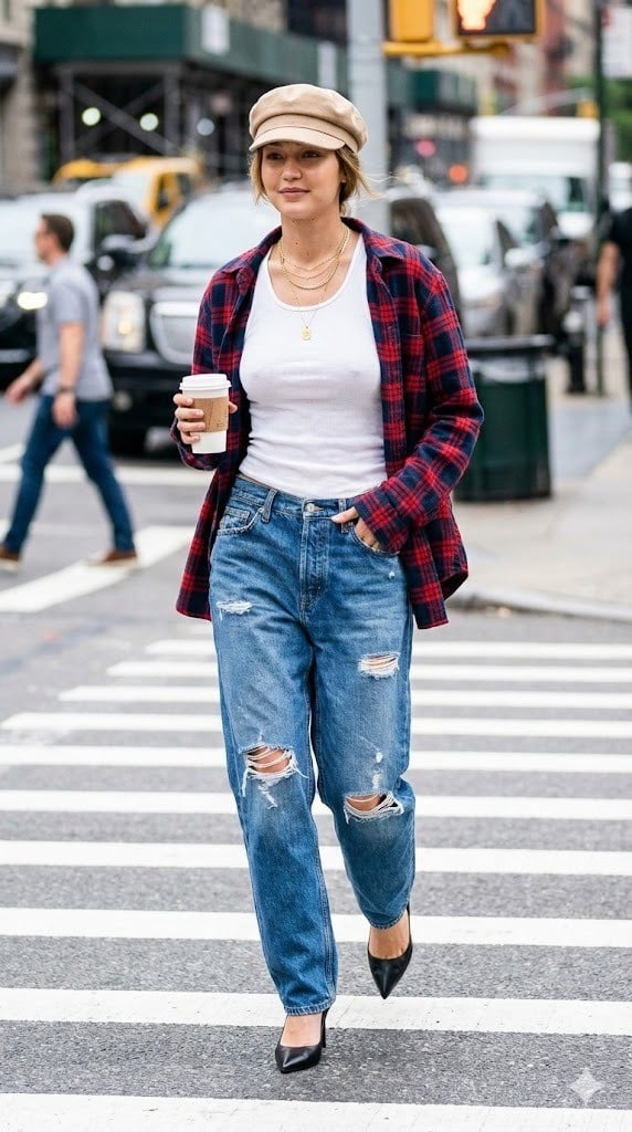 15. Áo Tank top trắng & Sơ mi khoác ngoài + Quần Jean rách + Mũ Newsboy be + Dây chuyền Layer