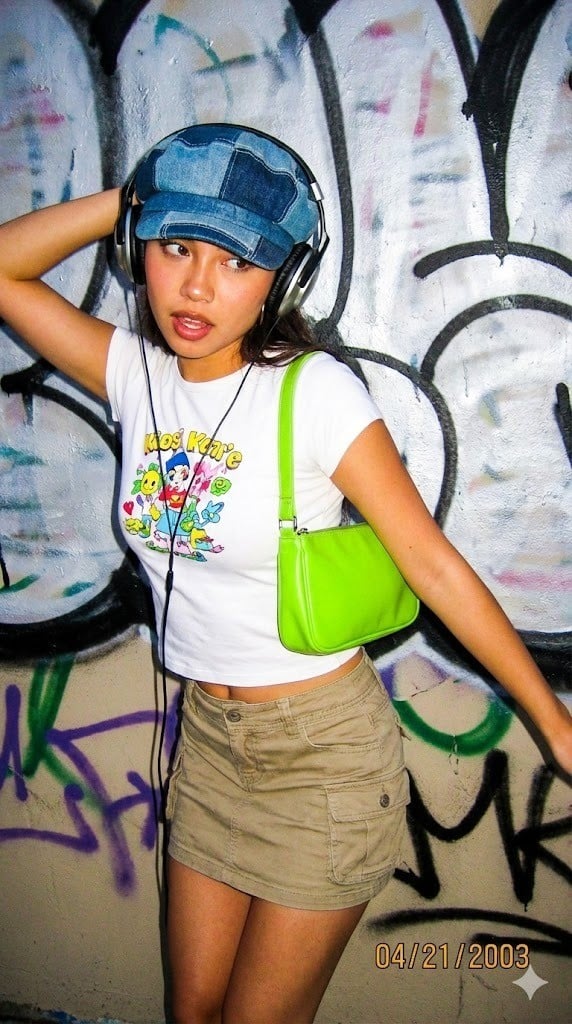 14. Áo Baby tee + Chân váy túi hộp + Mũ Newsboy Jean chắp vá + Túi kẹp nách Neon & Headphone