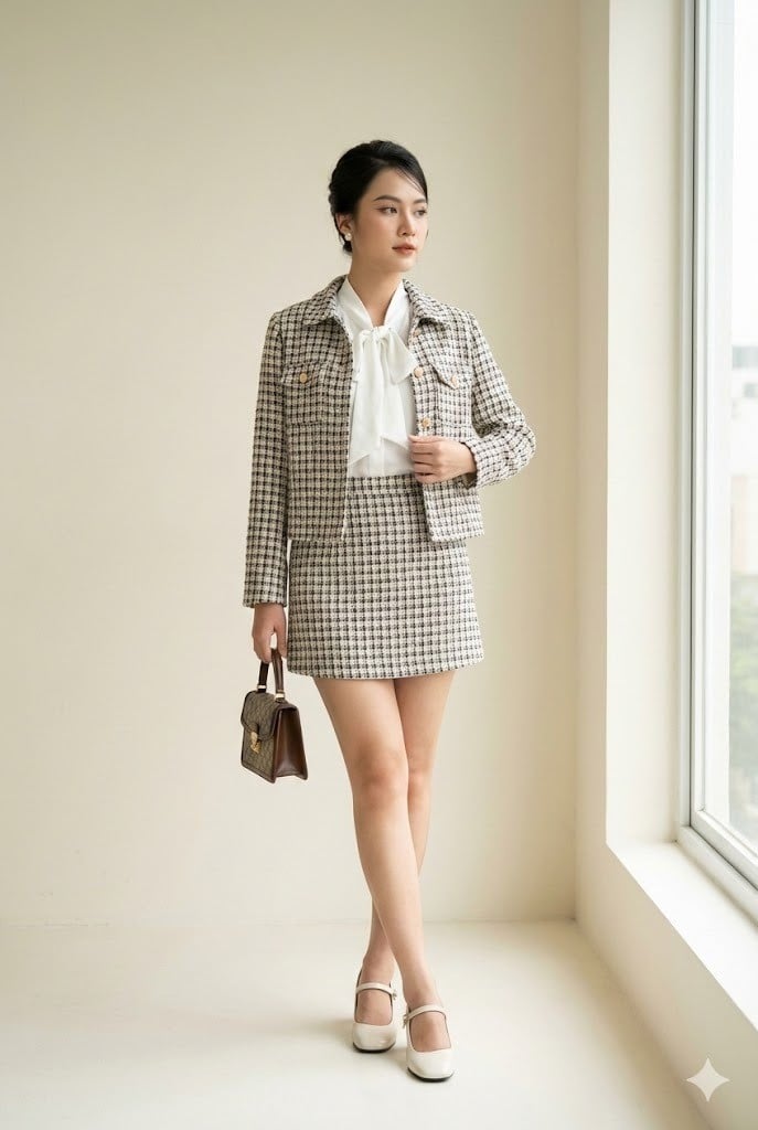 Cổ điển với Shacket vải Tweed và chân váy ngắn