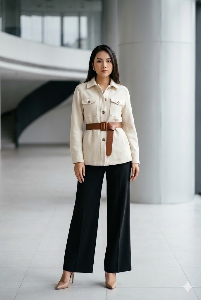 Shacket thắt đai và quần âu ống rộng