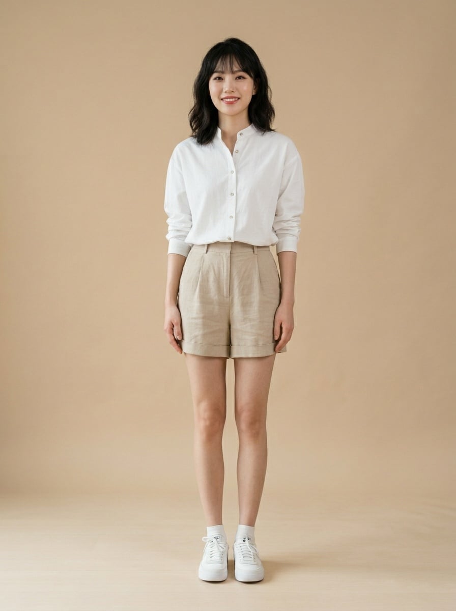 Áo sơ mi cổ tàu mix quần short năng động