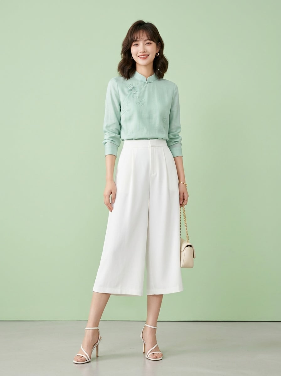 Áo sơ mi cổ tàu mix quần culottes ống lửng