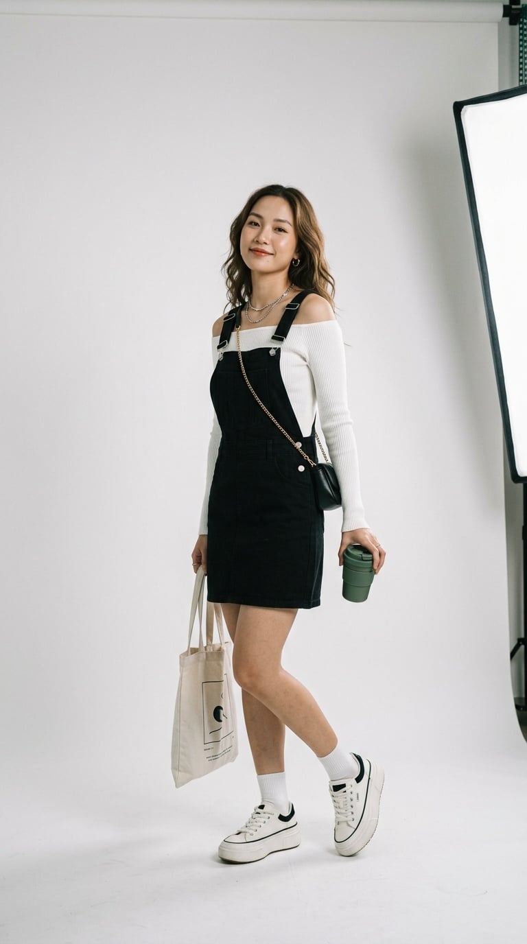 Gợi cảm khi mix áo trễ vai và váy yếm đen