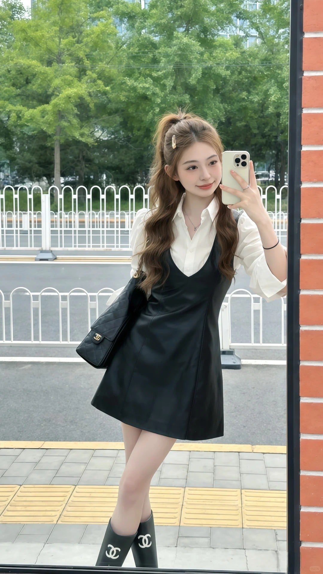Mix váy yếm đen với áo sơ mi thanh lịch và nữ tính