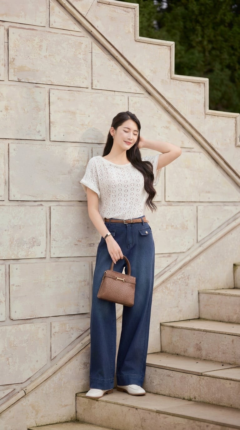 Quần jean kết hợp&nbsp;áo thun đi giày đế bệt