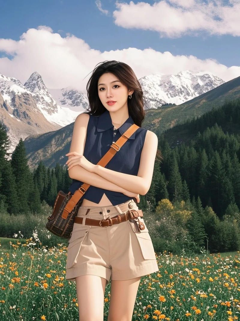 Áo gile croptop + Quần short kaki xếp ly + Túi da đeo chéo