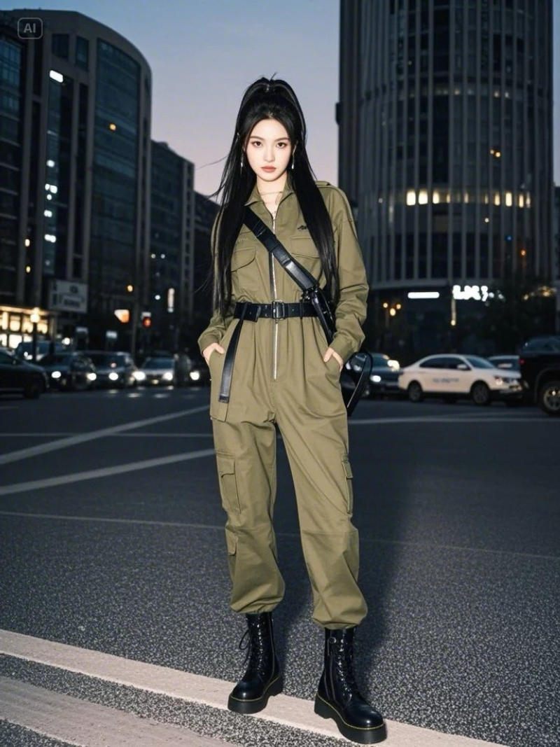 7. Jumpsuit màu xanh rêu + Boots đen
