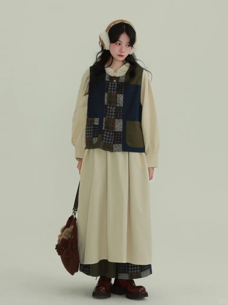 Áo gilet chắp vá + Váy sơ mi dáng dài + Earmuff giữ ấm