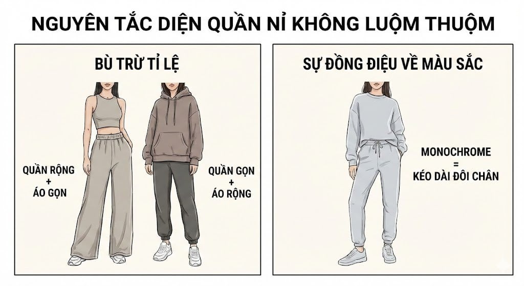 Nguyên tắc khi diện quần nỉ để không bị luộm thuộm