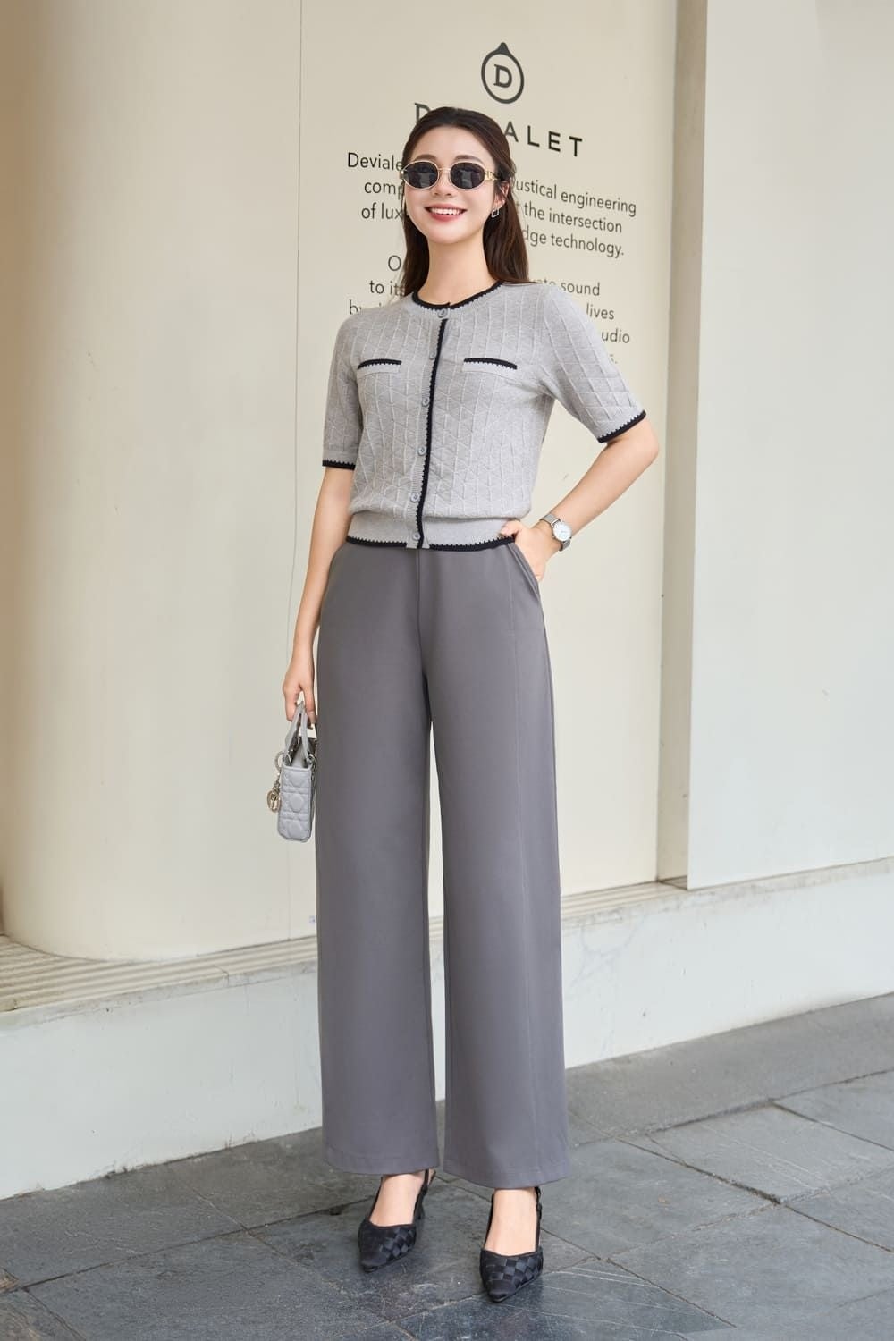 Quần tây nữ màu xám chì ống suông rộng