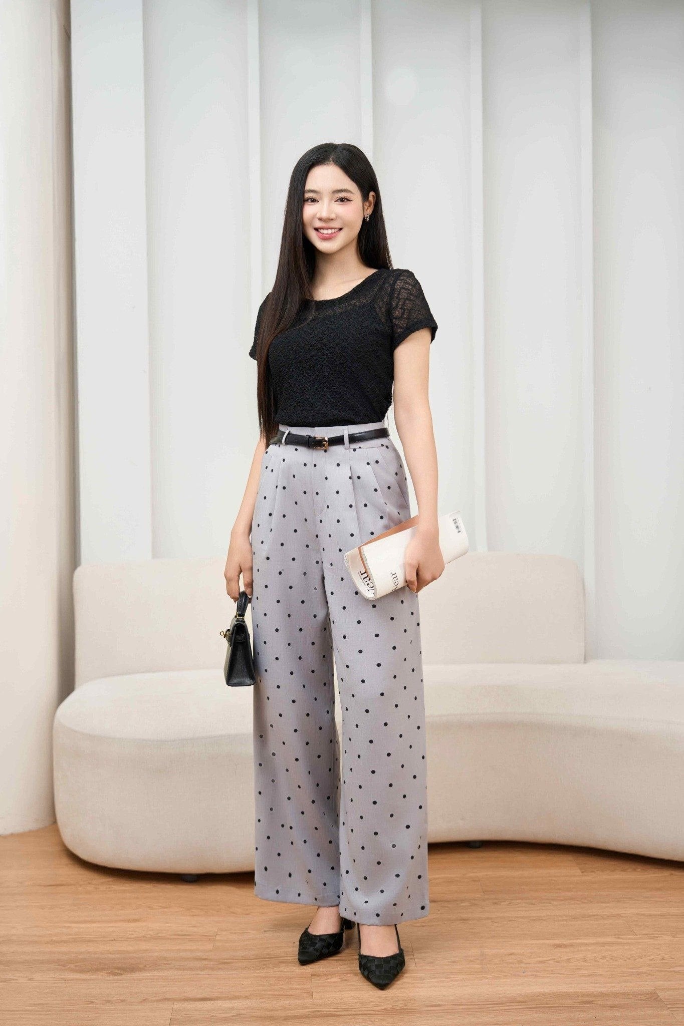 Quần tây nữ xám chấm bi