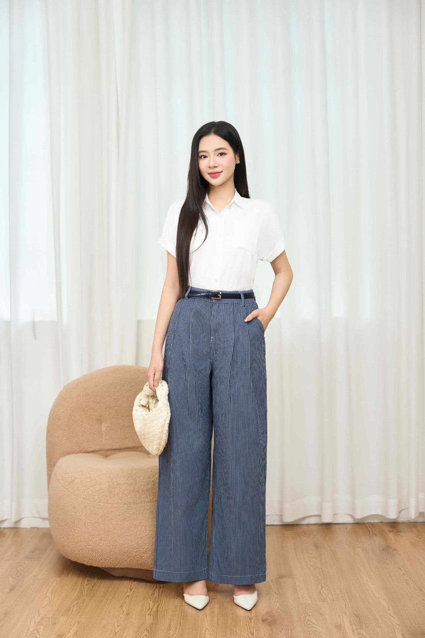 Quần tây nữ kẻ sọc xanh dương cạp cao