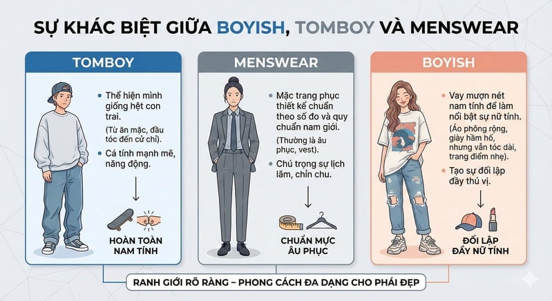 Sự khác biệt giữa Boyish, Tomboy và Menswear