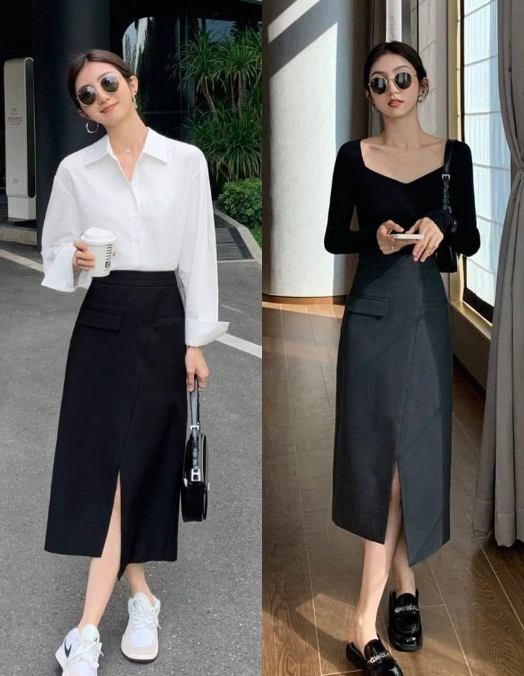 chân váy xẻ tà trước