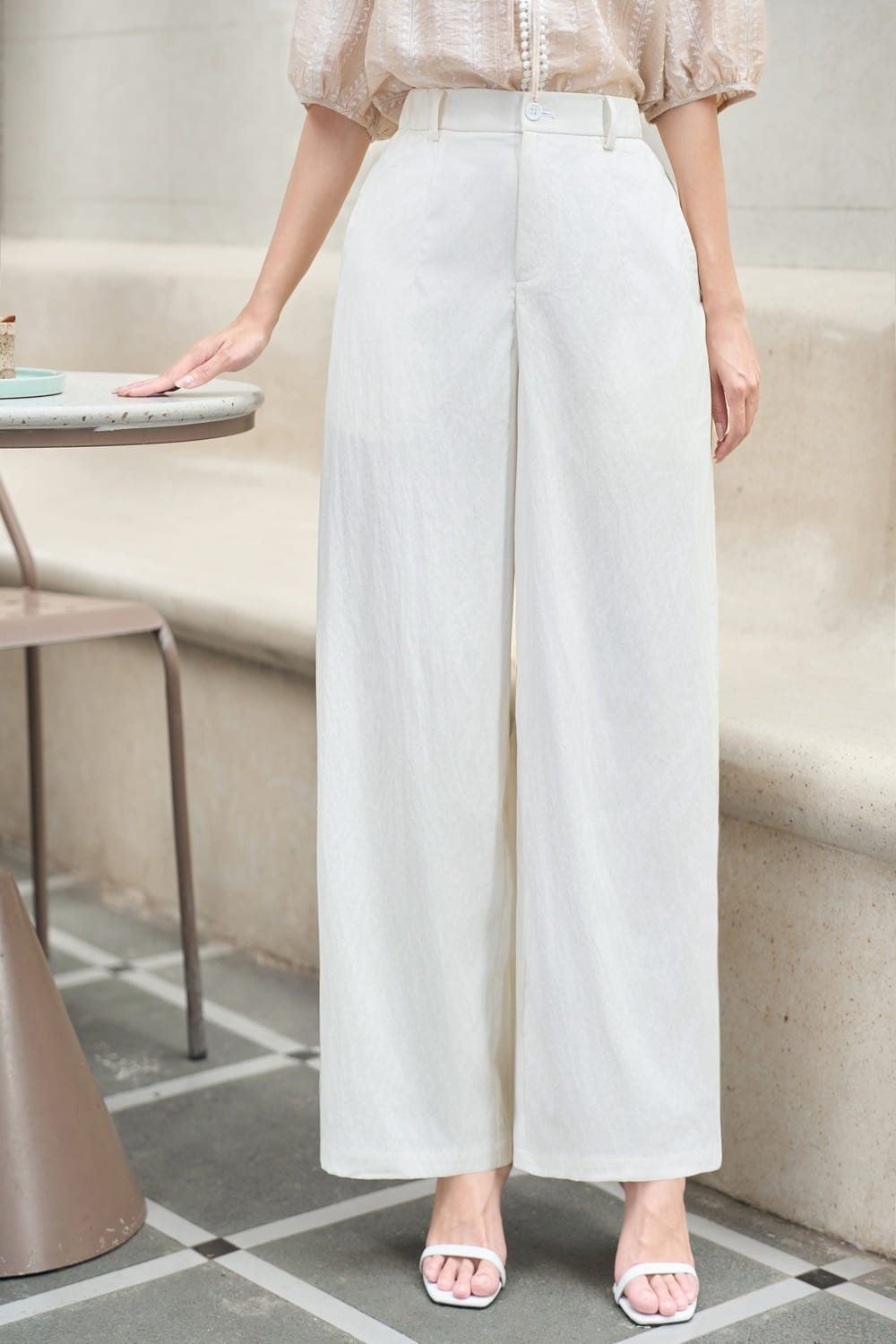 Quần tây nữ linen trắng kem ống suông rộng