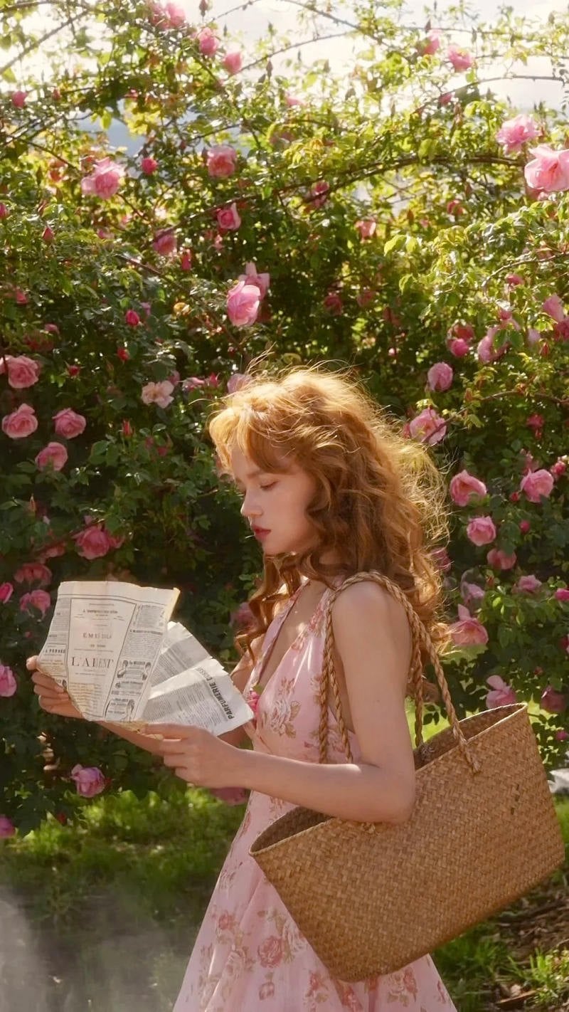 Nàng thơ đọc báo giữa vườn hồng