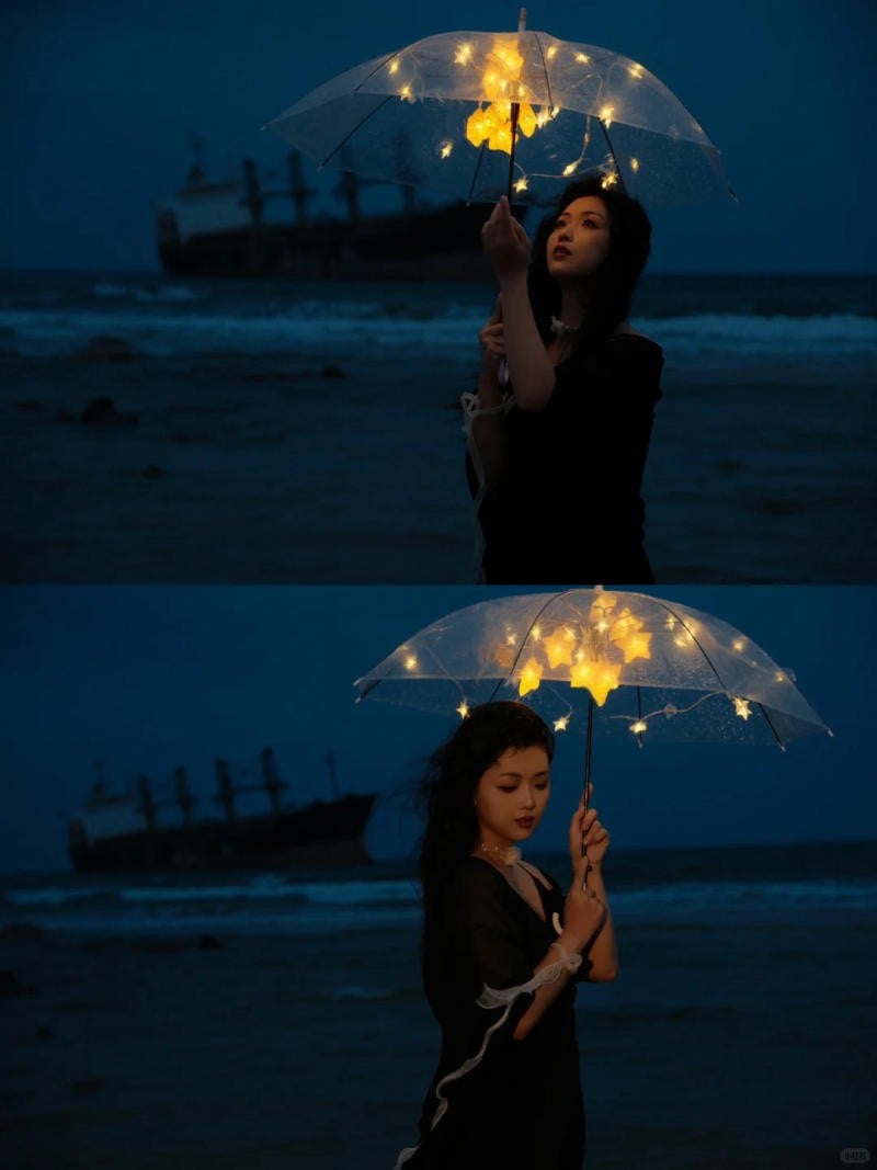 3. Tư thế cầm ô trong suốt chứa đầy sao