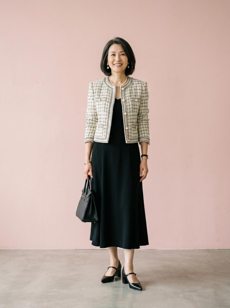 Áo khoác Tweed phối cùng đầm đen tối giản