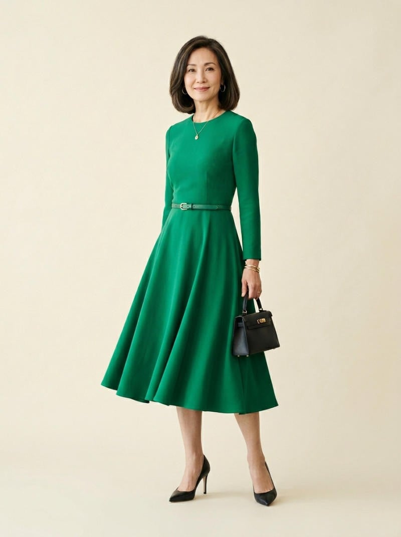 Đầm midi dáng xòe màu ngọc lục bảo