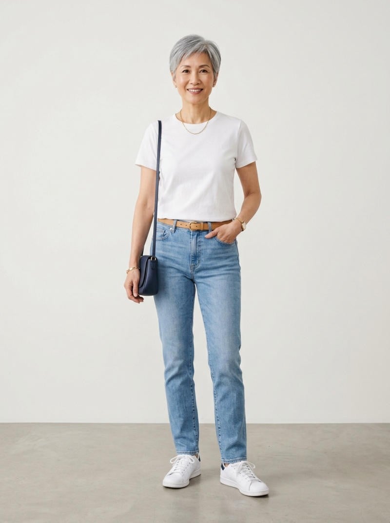 Áo phông cotton organic và quần jeans ống đứng