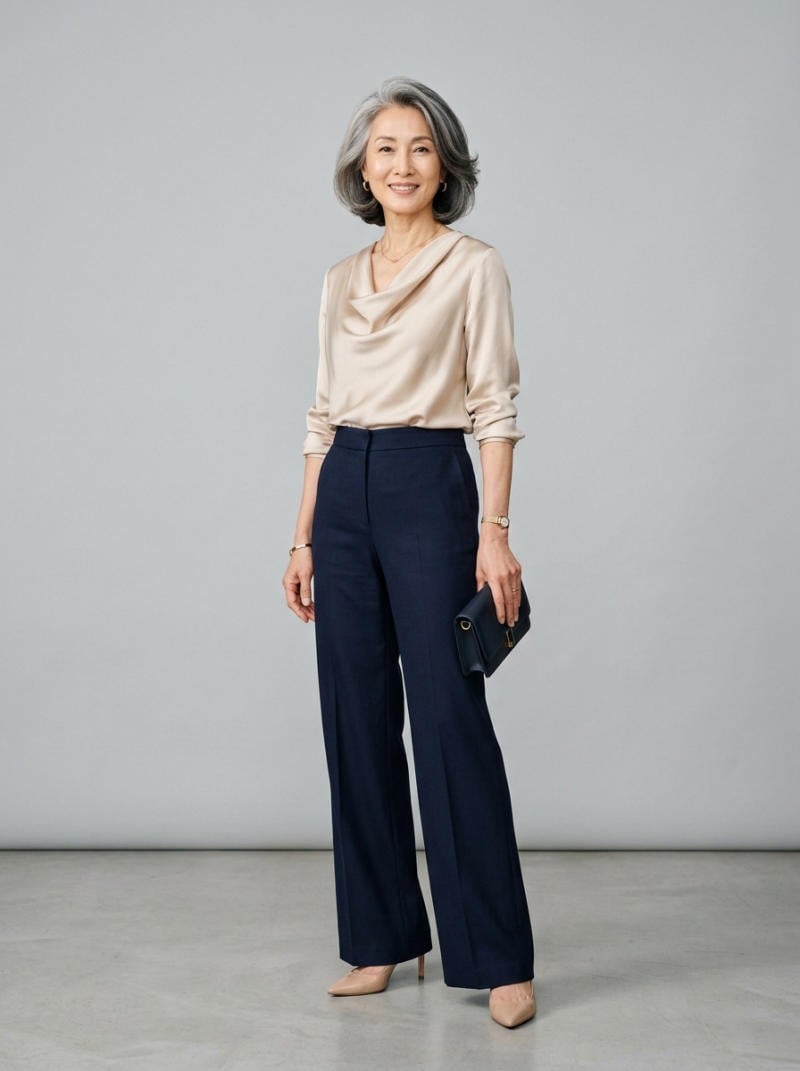 Áo sơ mi lụa cổ đổ phối quần âu ống suông