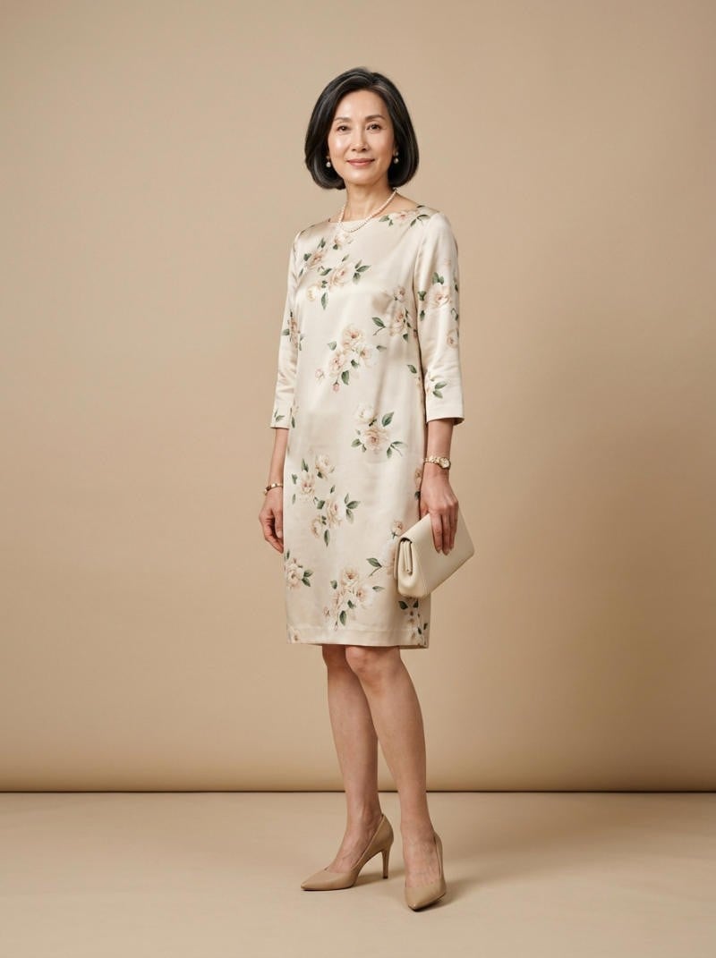 Đầm suông lụa họa tiết hoa trà