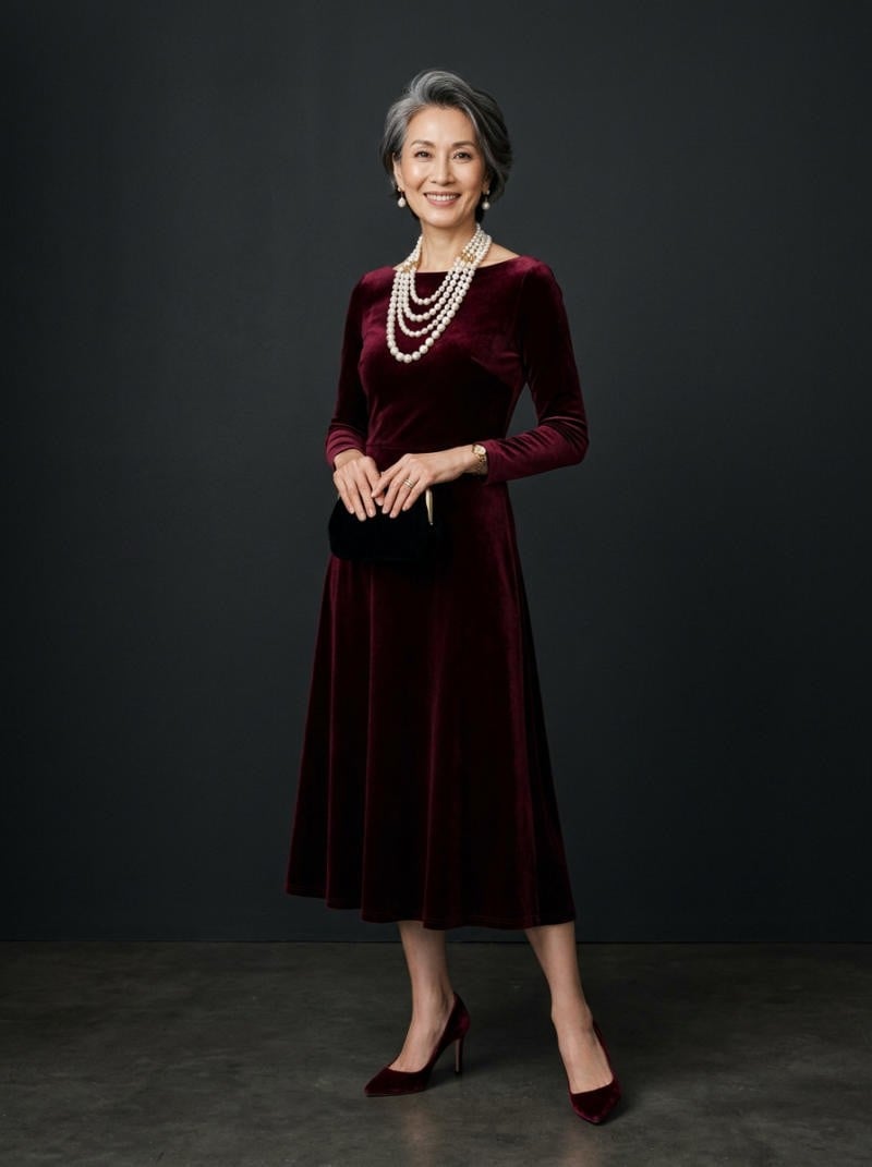 Đầm nhung phối vòng cổ ngọc trai