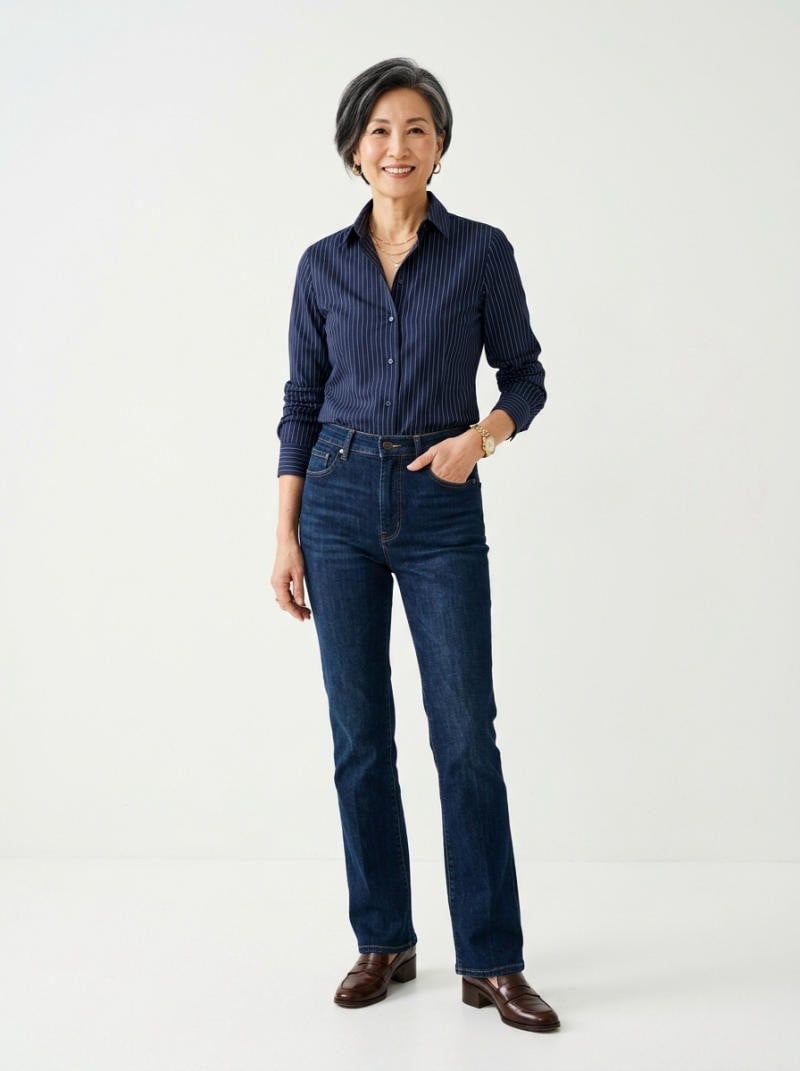 Sơ mi kẻ sọc&nbsp;sơ vin quần ống loe nhẹ