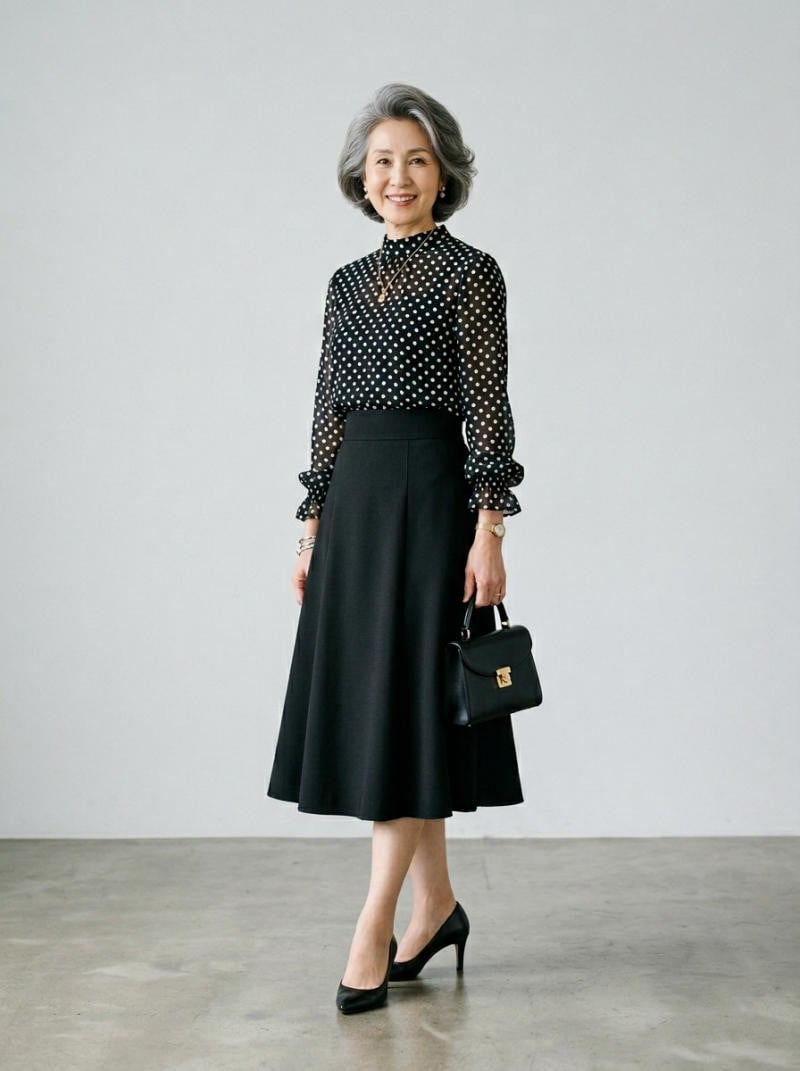 Áo kiểu họa tiết chấm bi phối chân váy chữ A