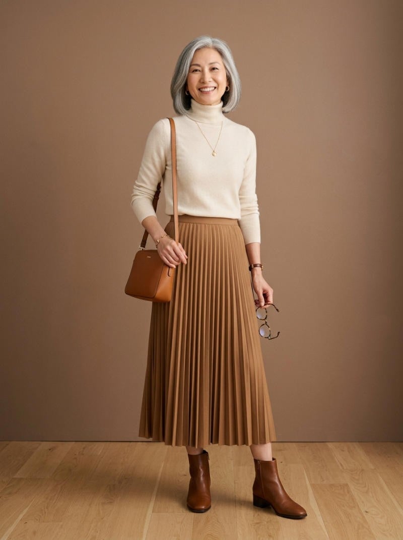 Áo len mỏng cổ lọ và chân váy xếp ly