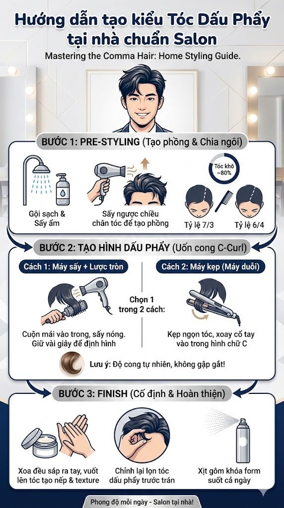 Hướng dẫn tạo kiểu tóc dấu phẩy tại nhà chuẩn Salon