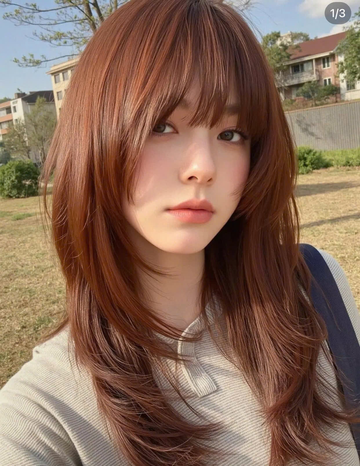 Tóc layer tỉa đuôi cá màu nâu đồng cùng mái bằng dày ngang ngực