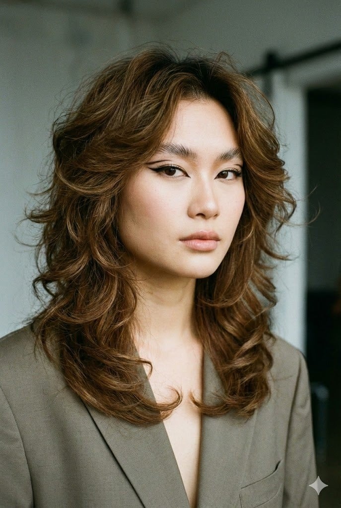 Tóc Wolf Cut uốn cụp nhẹ