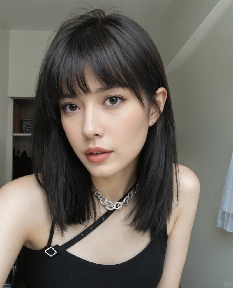 tóc ngang vai thẳng mái thưa