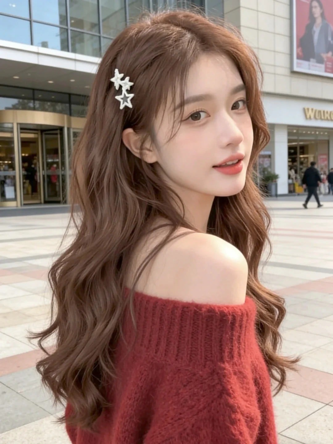 Tóc dài uốn sóng bồng bềnh màu nâu hạt dẻ ánh đỏ