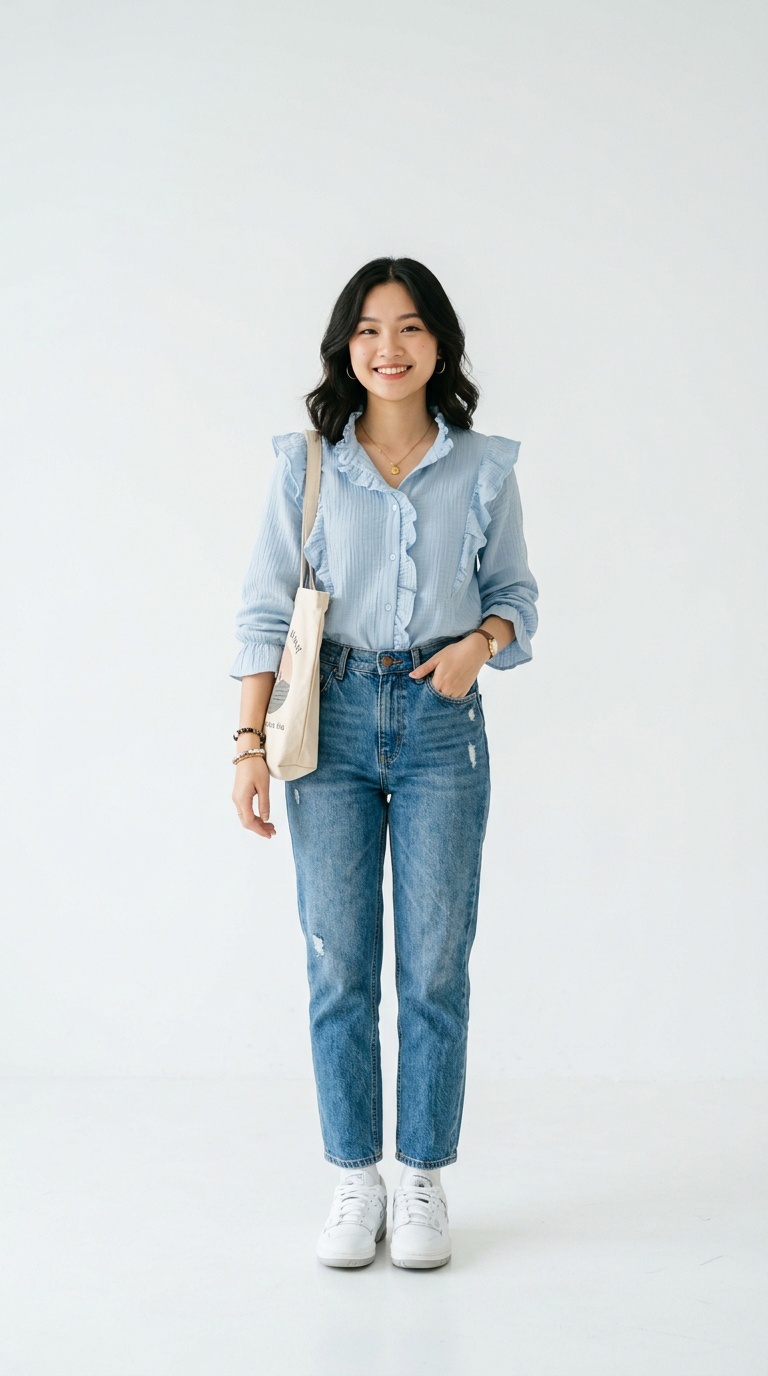 Áo xô muslin mix cùng quần Jean xanh cổ điển