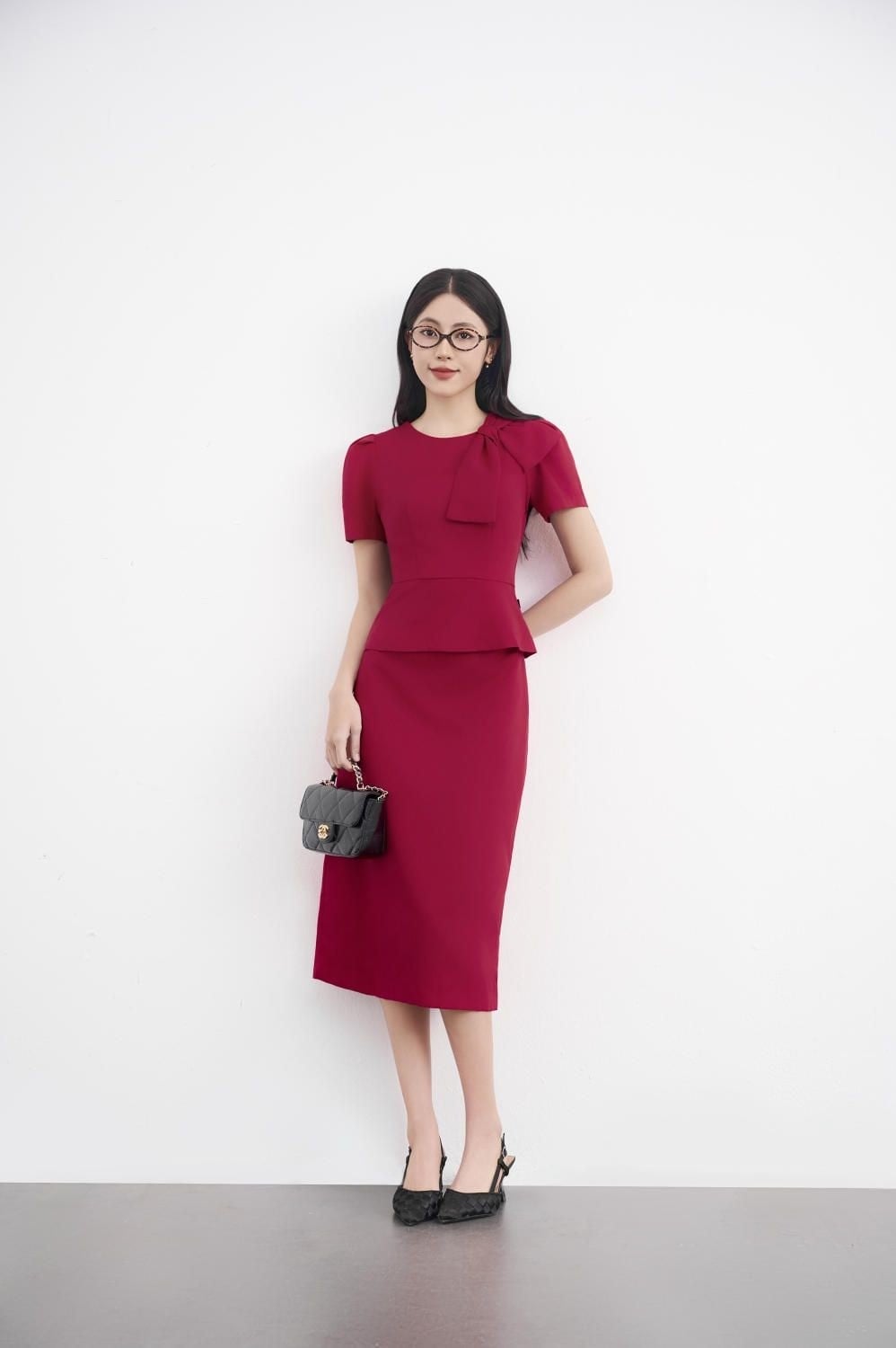 Đầm peplum công sở màu đỏ đô