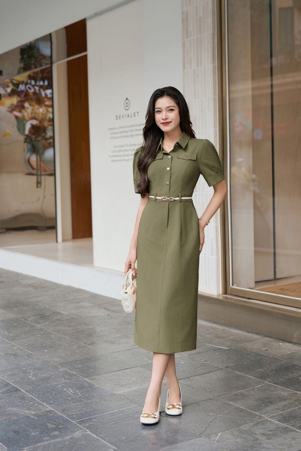 Đầm sơ mi màu xanh rêu chất liệu linen dáng ôm bút chì