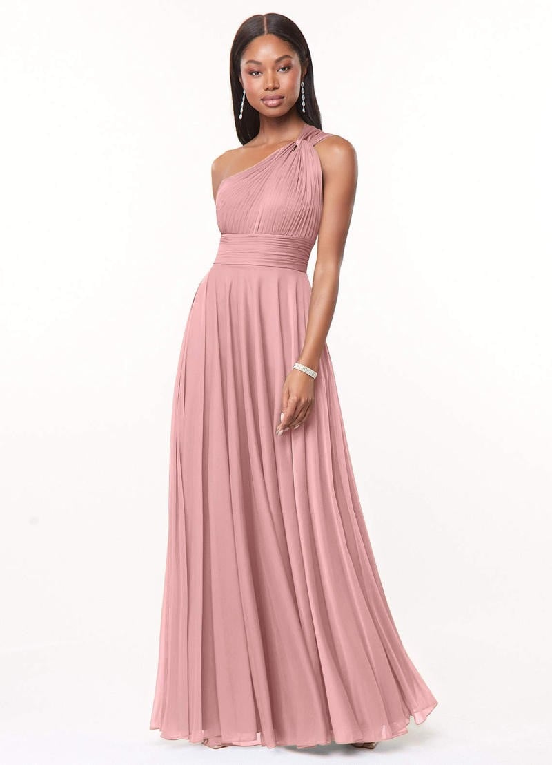 Váy dạ hội lệch vai chất liệu voan màu hồng vỏ đỗ