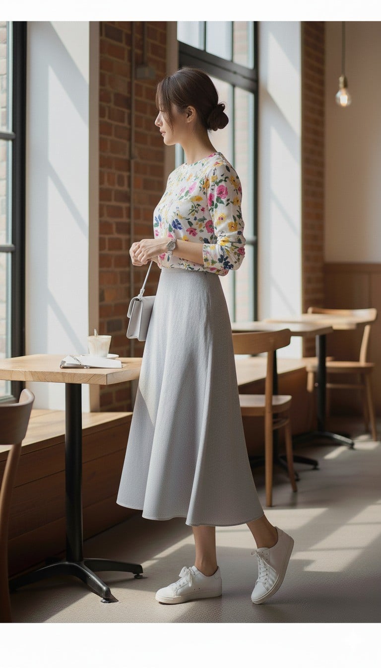Chân váy xám mặc với áo màu gì?
