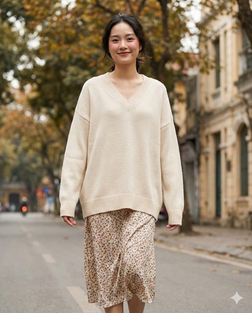 Váy liền thân + Áo Len Cổ Tim