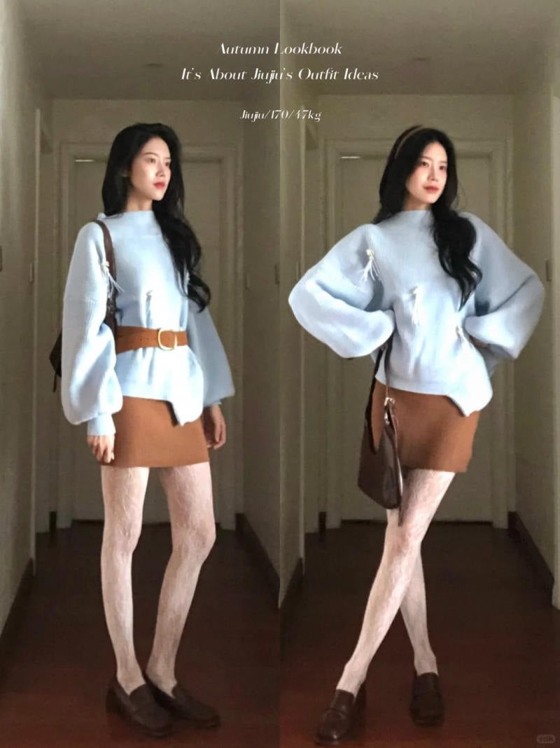 15. Màu xanh baby mix cùng Nâu bò (Camel/Brown)