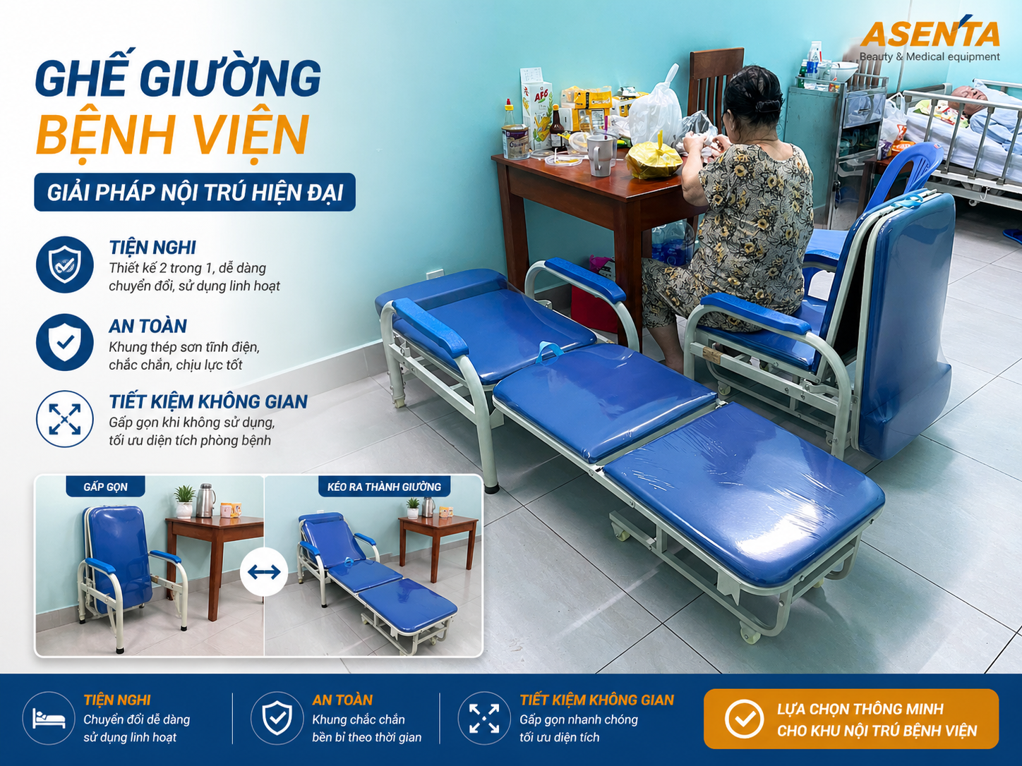 Ghế chăm bệnh linh hoạt trong sử dụng, tiết kiệm không gian khi có thể gấp gọn lại được