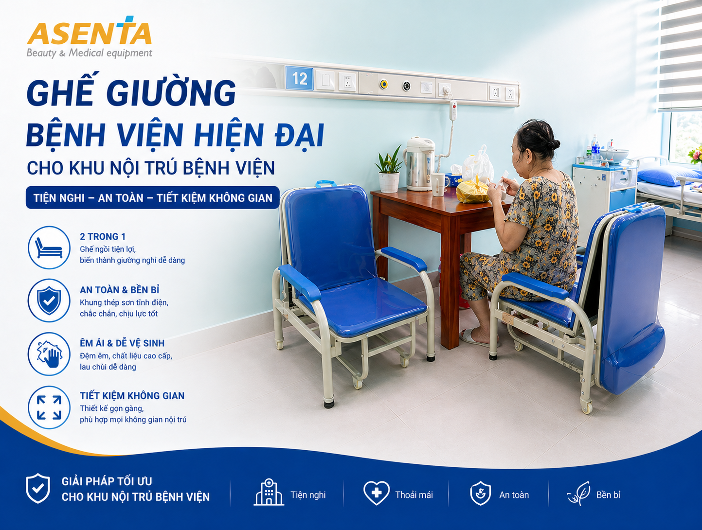 Ghế giường bệnh viện hiện đại cho khu nội trú bệnh viện